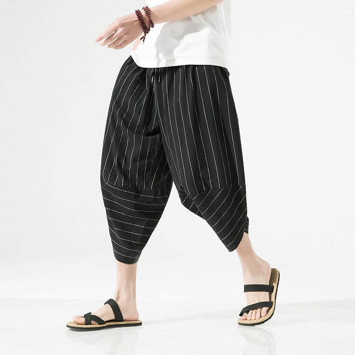 Buddha Stonesカジュアル 無地 ストライプ柄 ドローストリング メンズ 7-8丈 コットンリネン ハーレムパンツ ポケット付き