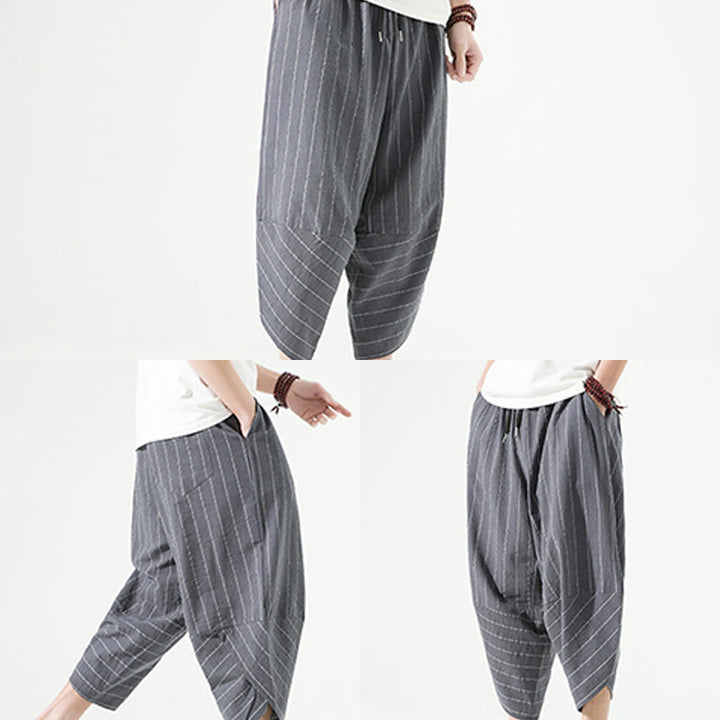 Buddha Stonesカジュアル 無地 ストライプ柄 ドローストリング メンズ 7-8丈 コットンリネン ハーレムパンツ ポケット付き - image 18