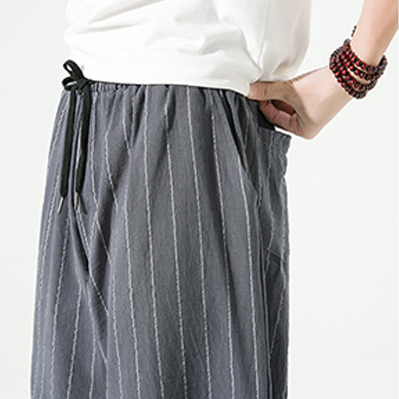 Buddha Stonesカジュアル 無地 ストライプ柄 ドローストリング メンズ 7-8丈 コットンリネン ハーレムパンツ ポケット付き - image 15