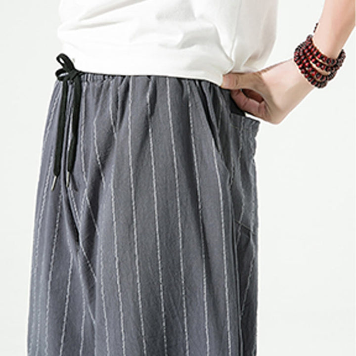 Buddha Stonesカジュアル 無地 ストライプ柄 ドローストリング メンズ 7-8丈 コットンリネン ハーレムパンツ ポケット付き - image 15