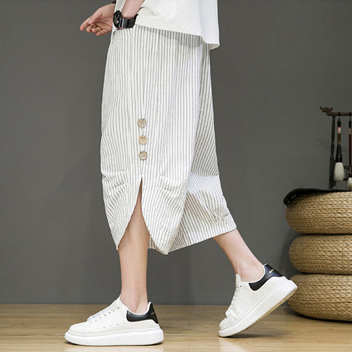 Buddha Stonesカジュアル ホワイト ストライプ柄 ドローストリング ボタンデザイン メンズ コットン クロップド ハーレムパンツ ポケット付き - image 21