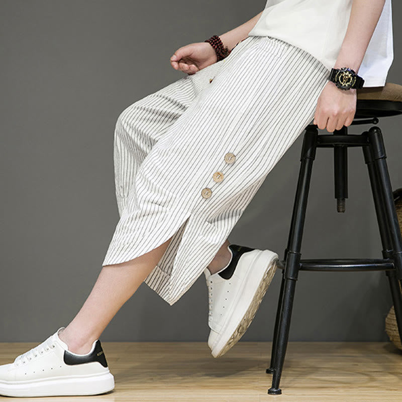 Buddha Stonesカジュアル ホワイト ストライプ柄 ドローストリング ボタンデザイン メンズ コットン クロップド ハーレムパンツ ポケット付き - image 24