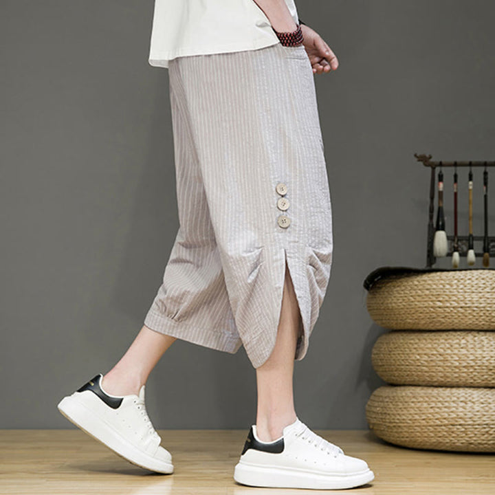 Buddha Stonesカジュアル ホワイト ストライプ柄 ドローストリング ボタンデザイン メンズ コットン クロップド ハーレムパンツ ポケット付き - ライトグレー - US/UK/AU46、 EU56 (5XL) - image 0