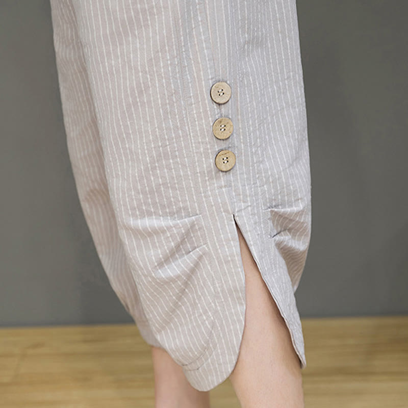 Buddha Stonesカジュアル ホワイト ストライプ柄 ドローストリング ボタンデザイン メンズ コットン クロップド ハーレムパンツ ポケット付き - image 10