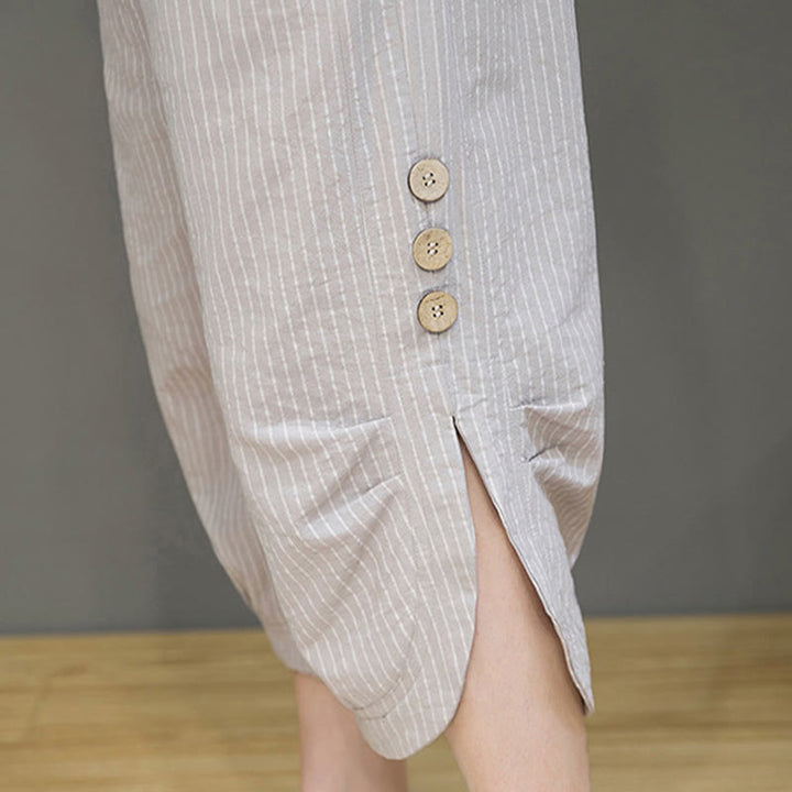 Buddha Stonesカジュアル ホワイト ストライプ柄 ドローストリング ボタンデザイン メンズ コットン クロップド ハーレムパンツ ポケット付き - image 10