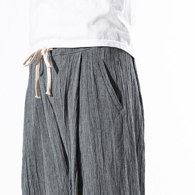 Buddha Stonesカジュアル 無地 プリーツデザイン ドローストリング メンズ ロング コットン リネン ハーレムパンツ ポケット付き - image 12