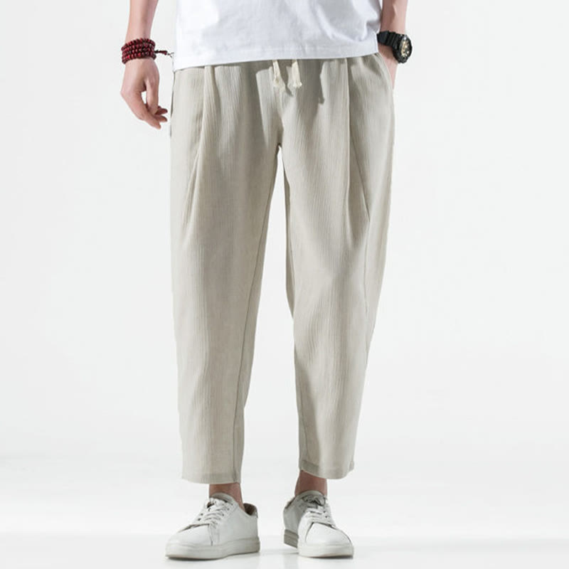 Buddha Stonesカジュアル 無地 プリーツデザイン ドローストリング メンズ ロング コットン リネン ハーレムパンツ ポケット付き - image 2