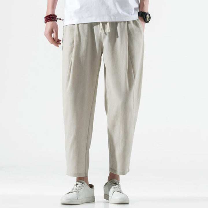 Buddha Stonesカジュアル 無地 プリーツデザイン ドローストリング メンズ ロング コットン リネン ハーレムパンツ ポケット付き - image 2