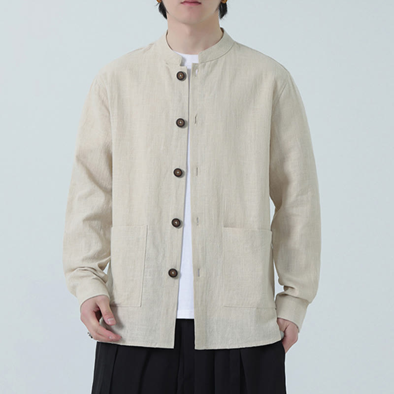 Buddha Stonesメンズ ボタン付きラミーリネンコットンフリース裏地ジャケットシャツ ポケット付き - image 10