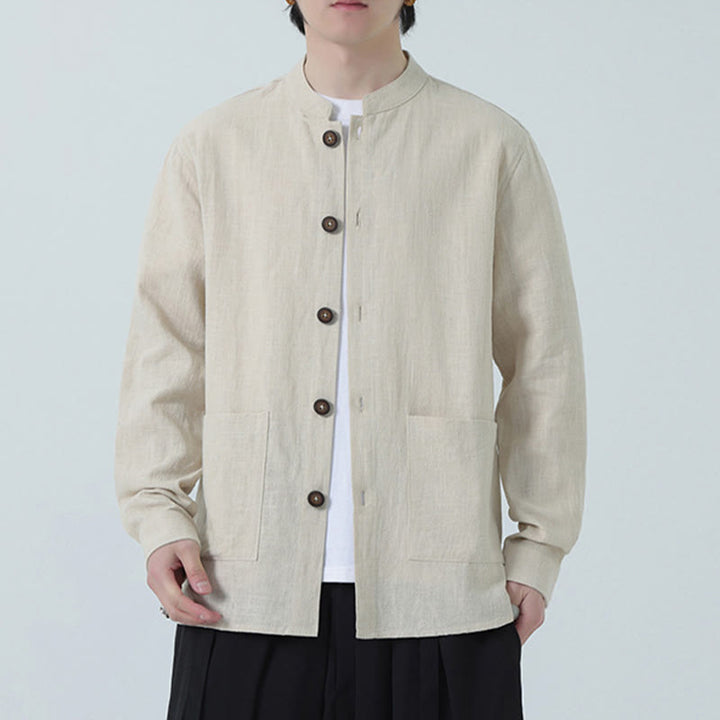 Buddha Stonesメンズ ボタン付きラミーリネンコットンフリース裏地ジャケットシャツ ポケット付き - image 10