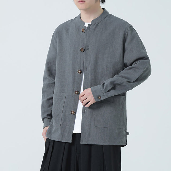 Buddha Stonesメンズ ボタン付きラミーリネンコットンフリース裏地ジャケットシャツ ポケット付き - image 16