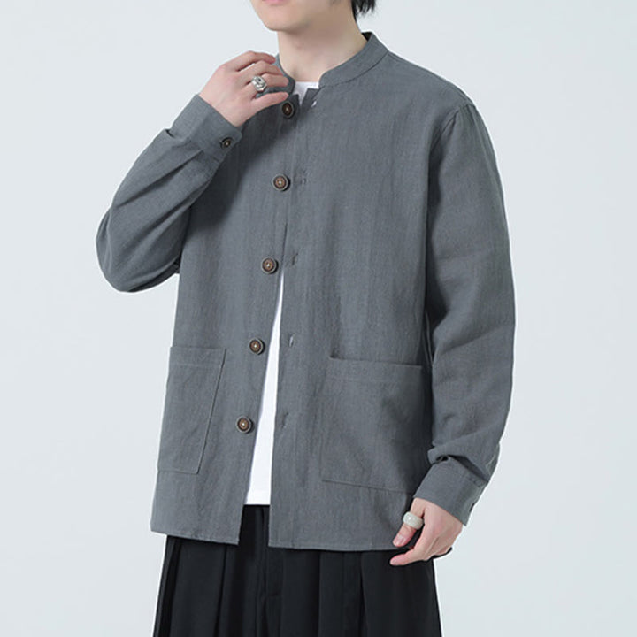 Buddha Stonesメンズ ボタン付きラミーリネンコットンフリース裏地ジャケットシャツ ポケット付き - image 1