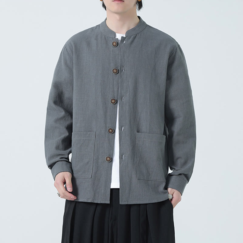 Buddha Stonesメンズ ボタン付きラミーリネンコットンフリース裏地ジャケットシャツ ポケット付き - image 0