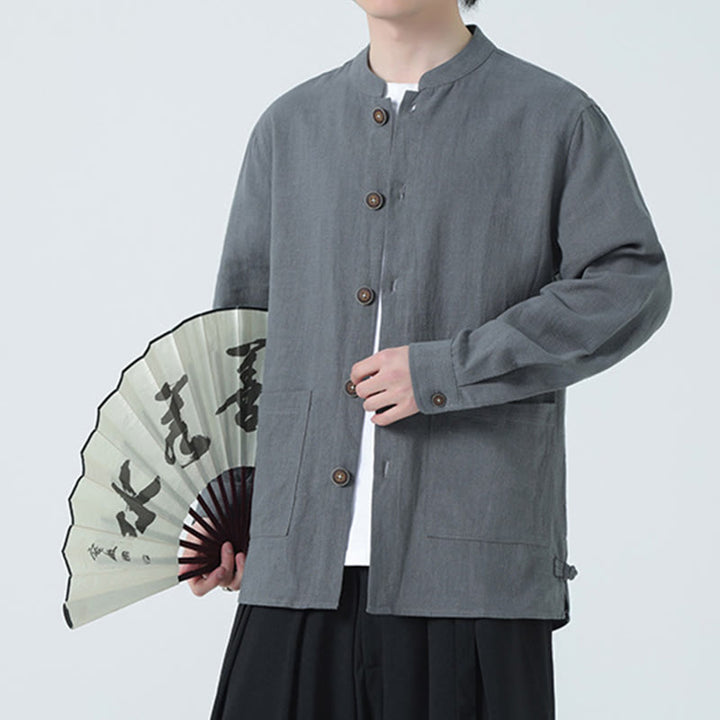 Buddha Stonesメンズ ボタン付きラミーリネンコットンフリース裏地ジャケットシャツ ポケット付き - グレー - US/UK/AU46、 EU56 (5XL) - image 13