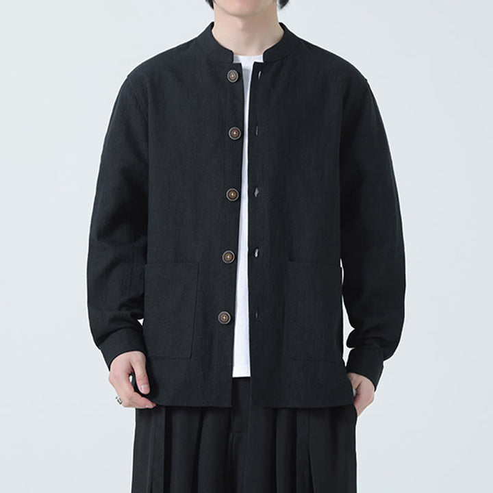 Buddha Stonesメンズ ボタン付きラミーリネンコットンフリース裏地ジャケットシャツ ポケット付き - image 25