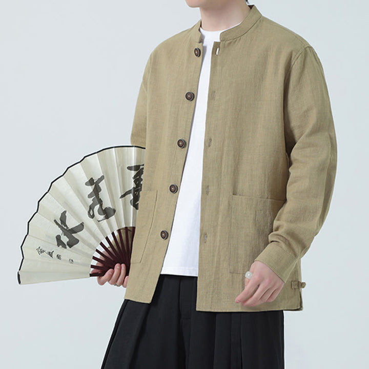 Buddha Stonesメンズ ボタン付きラミーリネンコットンフリース裏地ジャケットシャツ ポケット付き - image 29