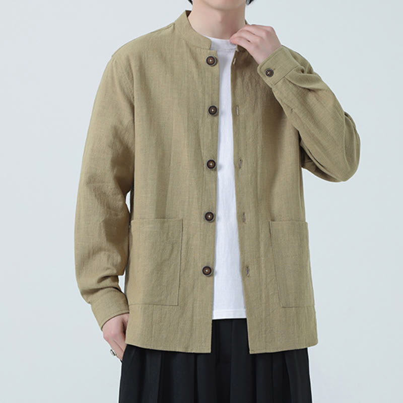 Buddha Stonesメンズ ボタン付きラミーリネンコットンフリース裏地ジャケットシャツ ポケット付き - image 27