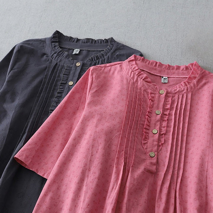 Buddha Stonesカジュアル レトロ 無地 ボタン フリル クルーネック デザイン 半袖 コットン リネン ミディ ドレス ポケット付き - image 17