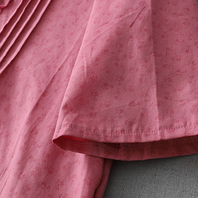 Buddha Stonesカジュアル レトロ 無地 ボタン フリル クルーネック デザイン 半袖 コットン リネン ミディ ドレス ポケット付き - image 11