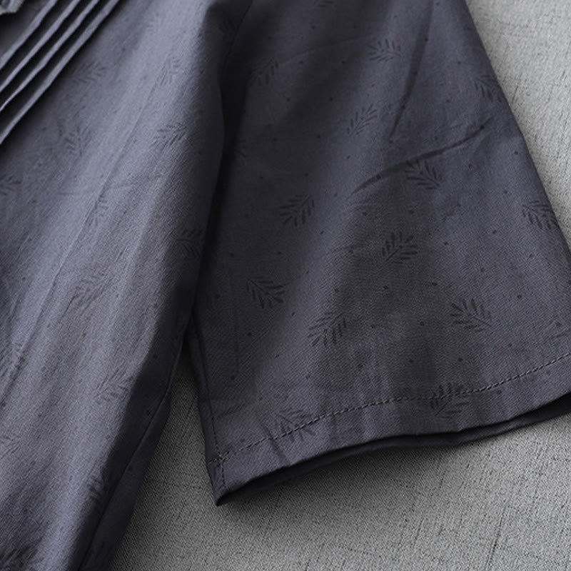 Buddha Stonesカジュアル レトロ 無地 ボタン フリル クルーネック デザイン 半袖 コットン リネン ミディ ドレス ポケット付き - image 5