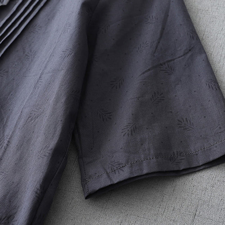 Buddha Stonesカジュアル レトロ 無地 ボタン フリル クルーネック デザイン 半袖 コットン リネン ミディ ドレス ポケット付き - image 5