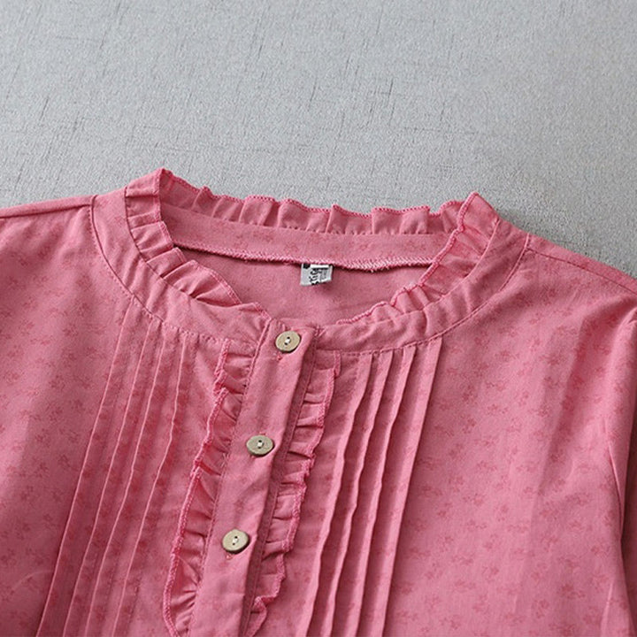 Buddha Stonesカジュアル レトロ 無地 ボタン フリル クルーネック デザイン 半袖 コットン リネン ミディ ドレス ポケット付き - image 8