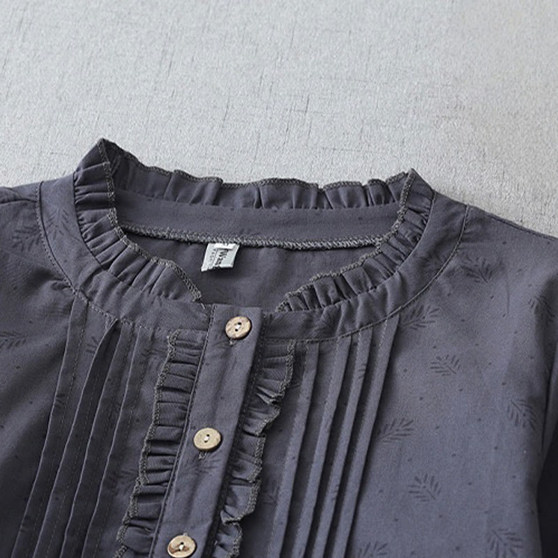 Buddha Stonesカジュアル レトロ 無地 ボタン フリル クルーネック デザイン 半袖 コットン リネン ミディ ドレス ポケット付き - image 2