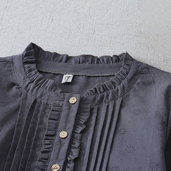 Buddha Stonesカジュアル レトロ 無地 ボタン フリル クルーネック デザイン 半袖 コットン リネン ミディ ドレス ポケット付き - image 2
