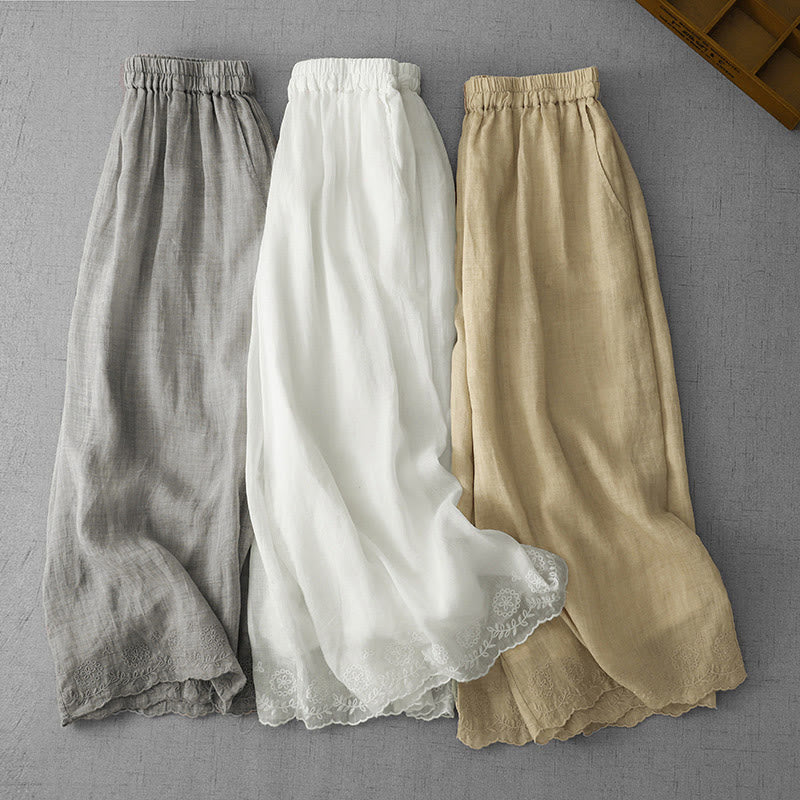 Buddha Stones通勤用 無地 レース刺繍デザイン コットン レディース ワイドレッグ クロップドパンツ ポケット付き - image 23