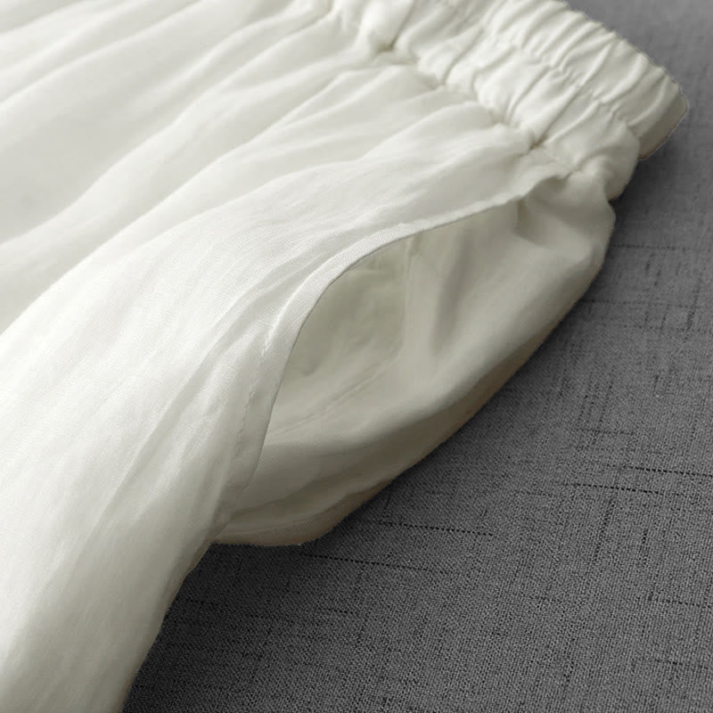 Buddha Stones通勤用 無地 レース刺繍デザイン コットン レディース ワイドレッグ クロップドパンツ ポケット付き - image 3