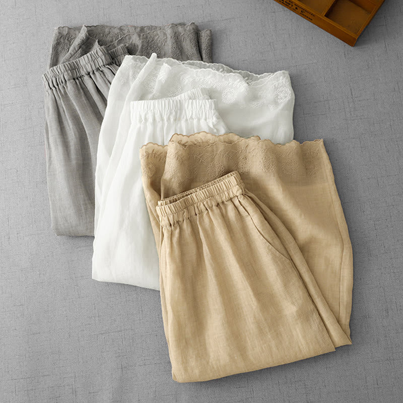 Buddha Stones通勤用 無地 レース刺繍デザイン コットン レディース ワイドレッグ クロップドパンツ ポケット付き - image 24