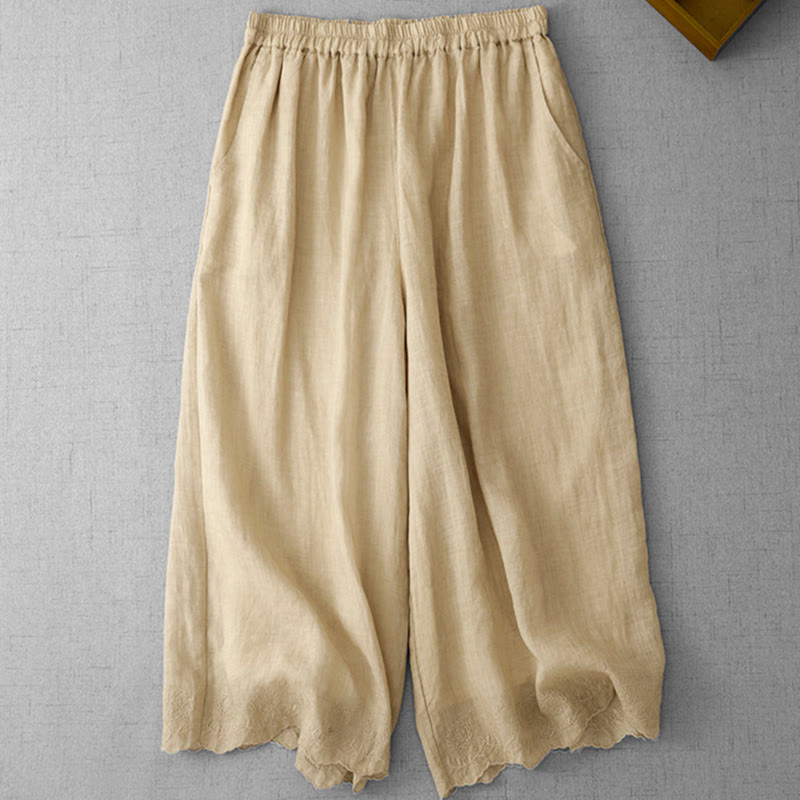 Buddha Stones通勤用 無地 レース刺繍デザイン コットン レディース ワイドレッグ クロップドパンツ ポケット付き - image 15