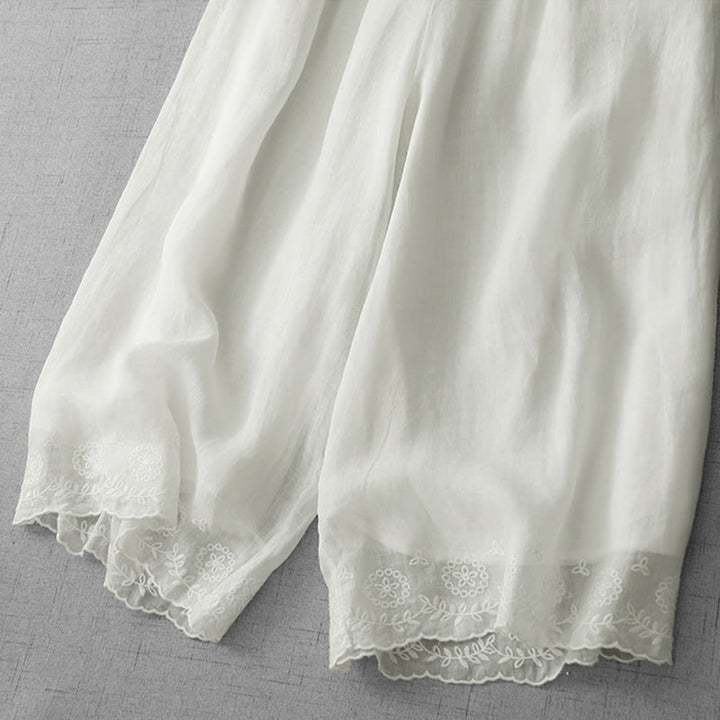 Buddha Stones通勤用 無地 レース刺繍デザイン コットン レディース ワイドレッグ クロップドパンツ ポケット付き - image 4