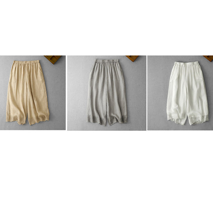 Buddha Stones通勤用 無地 レース刺繍デザイン コットン レディース ワイドレッグ クロップドパンツ ポケット付き - image 26