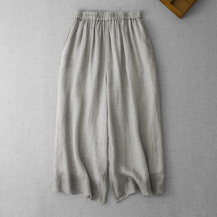 Buddha Stones通勤用 無地 レース刺繍デザイン コットン レディース ワイドレッグ クロップドパンツ ポケット付き - ダークグレー - US8-10，UK/AU12-14，EU40-42 (2XL) - image 8