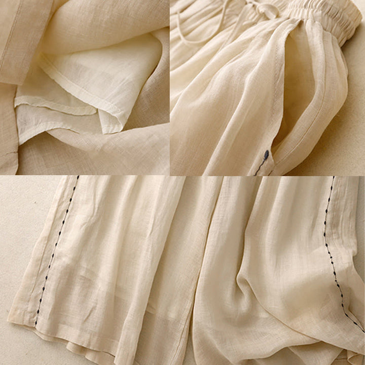 Buddha Stones通勤用 無地 刺繍 ドローストリング レディース ワイドレッグ アンクル丈 コットンパンツ ポケット付き - image 7