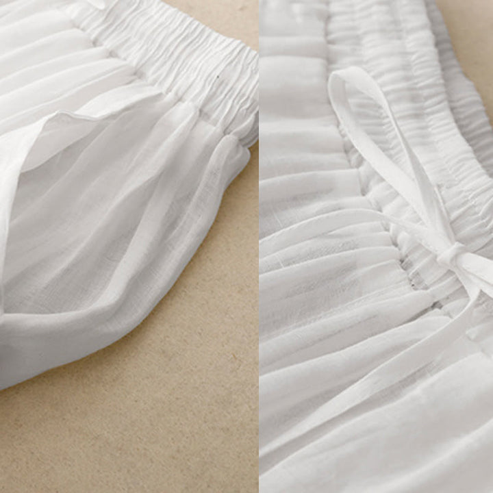 Buddha Stones通勤用 無地 刺繍 ドローストリング レディース ワイドレッグ アンクル丈 コットンパンツ ポケット付き - image 11