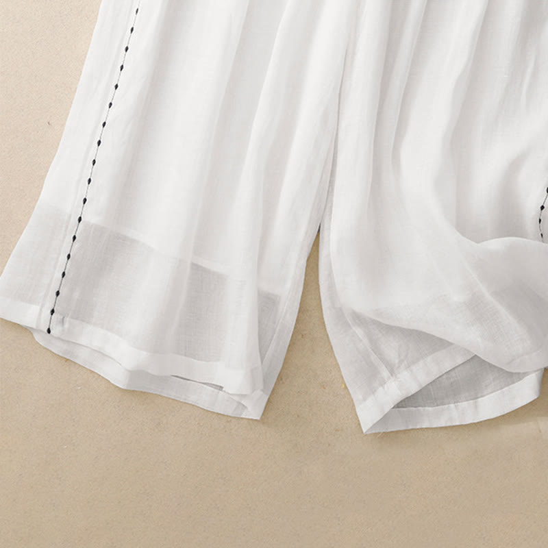 Buddha Stones通勤用 無地 刺繍 ドローストリング レディース ワイドレッグ アンクル丈 コットンパンツ ポケット付き - image 10