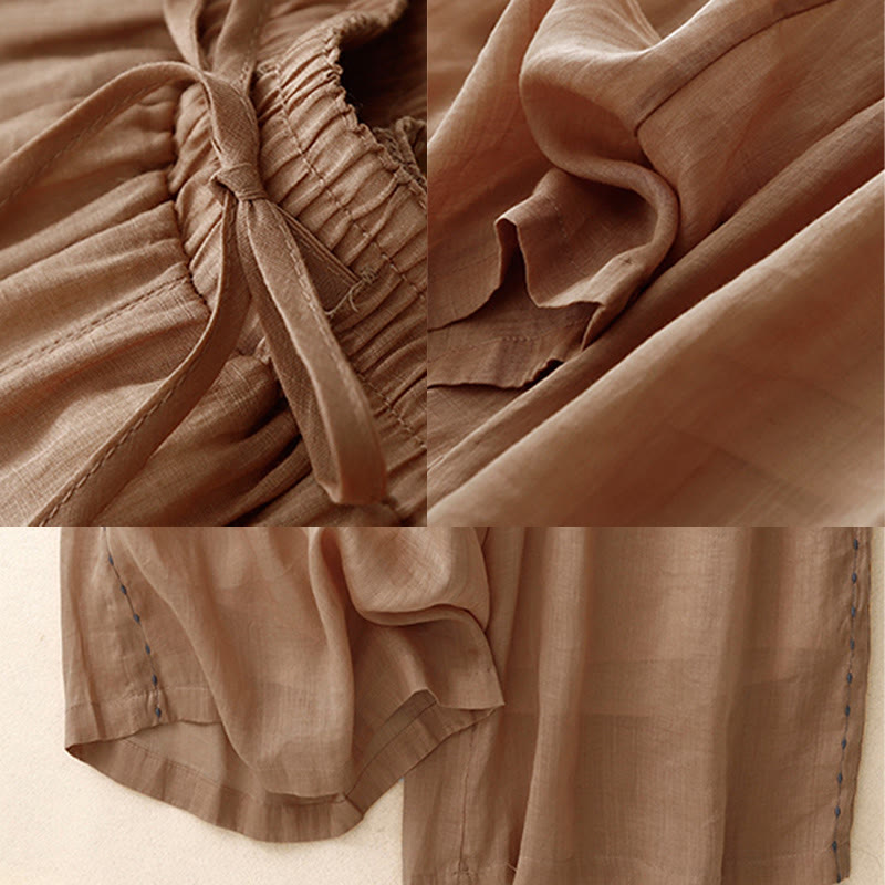 Buddha Stones通勤用 無地 刺繍 ドローストリング レディース ワイドレッグ アンクル丈 コットンパンツ ポケット付き - image 22