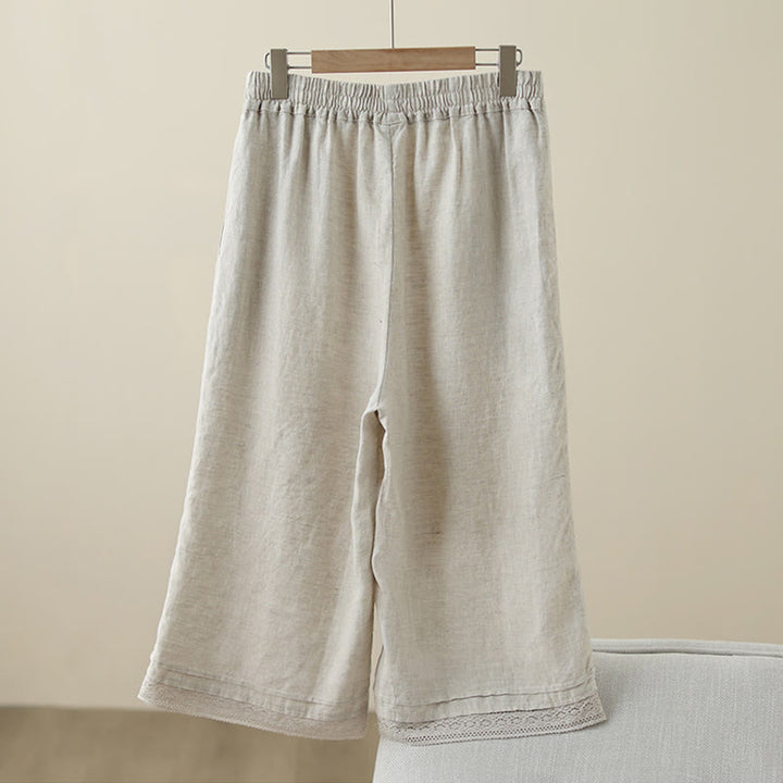 Buddha Stones通勤用 レトロ 無地 レース パッチワークデザイン 7-8丈 レディース ワイドレッグ コットンパンツ ポケット付き - image 1