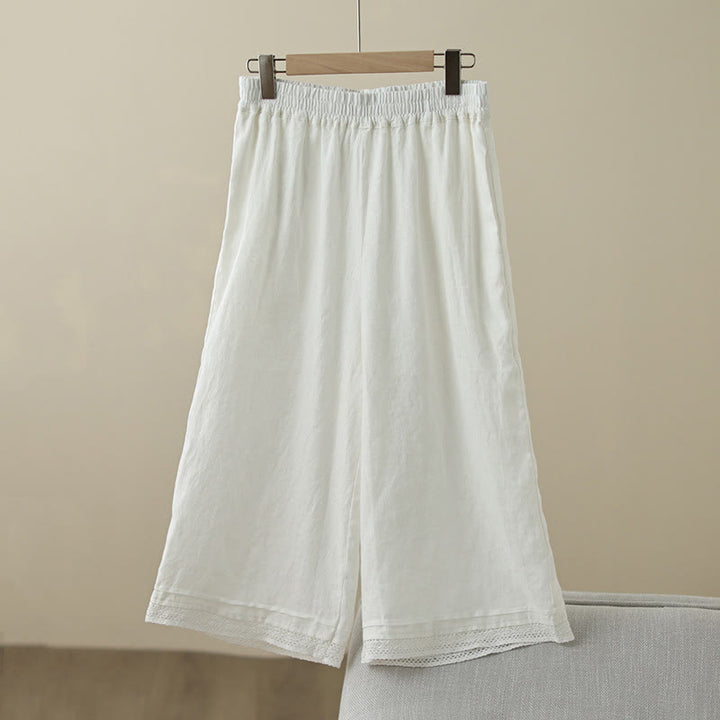 Buddha Stones通勤用 レトロ 無地 レース パッチワークデザイン 7-8丈 レディース ワイドレッグ コットンパンツ ポケット付き - フローラルホワイト - US8-10，UK/AU12-14，EU40-42 (2XL) - image 19