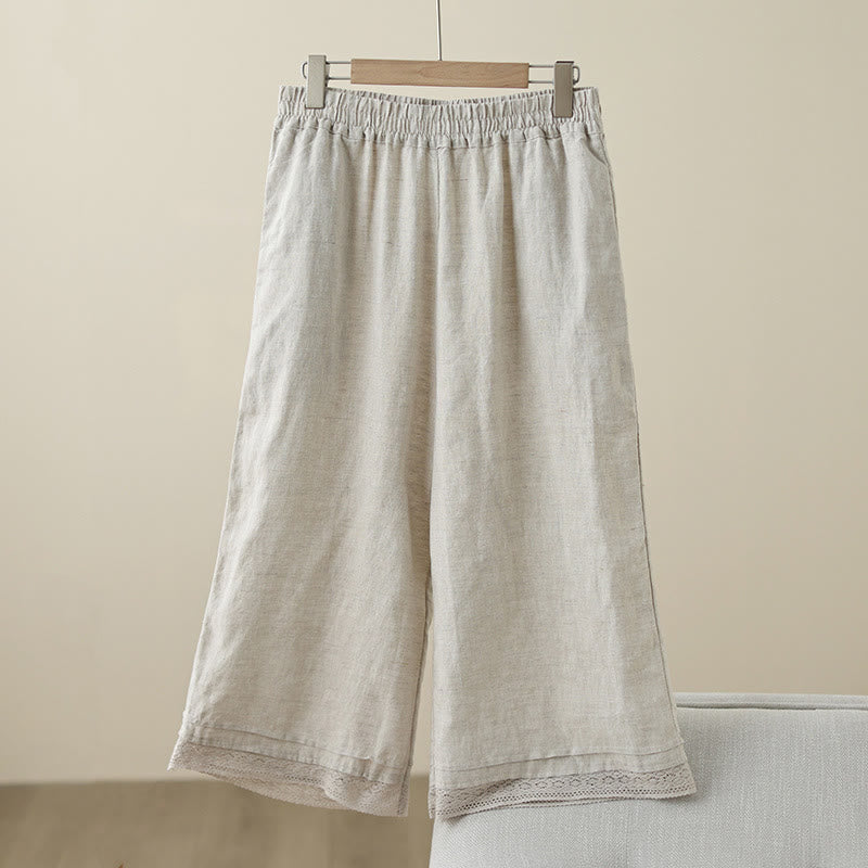 Buddha Stones通勤用 レトロ 無地 レース パッチワークデザイン 7-8丈 レディース ワイドレッグ コットンパンツ ポケット付き - リネン - US8-10，UK/AU12-14，EU40-42 (2XL) - image 0