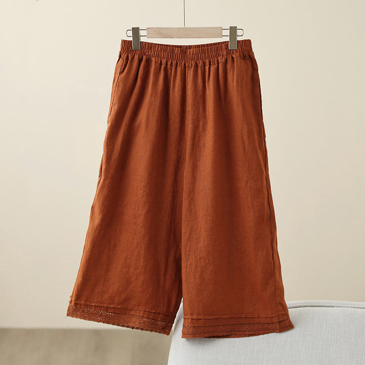 Buddha Stones通勤用 レトロ 無地 レース パッチワークデザイン 7-8丈 レディース ワイドレッグ コットンパンツ ポケット付き - チョコレート - US8-10，UK/AU12-14，EU40-42 (2XL) - image 14