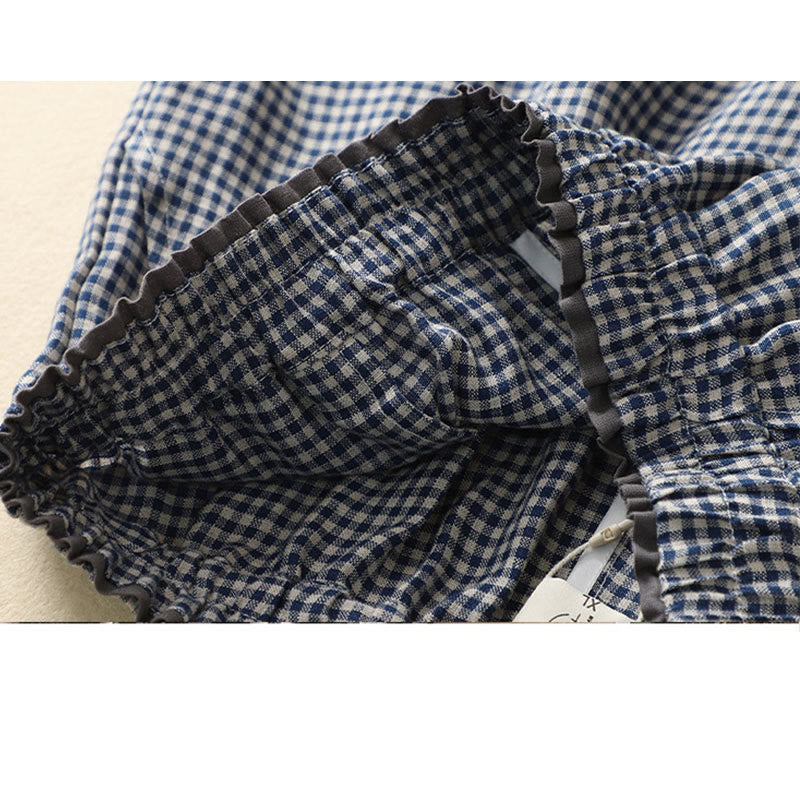 Buddha Stones通勤カジュアル チェック柄 7-8丈 レディース ワイドレッグ コットンリネン パンツ ポケット付き - image 8