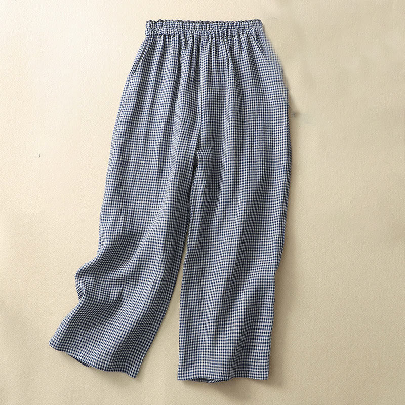 Buddha Stones通勤カジュアル チェック柄 7-8丈 レディース ワイドレッグ コットンリネン パンツ ポケット付き - image 1