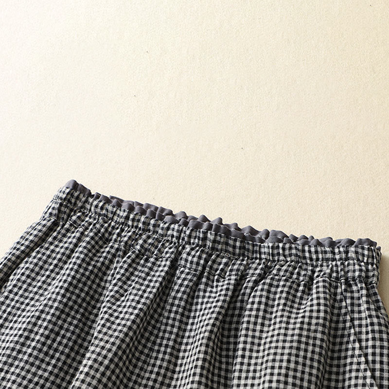 Buddha Stones通勤カジュアル チェック柄 7-8丈 レディース ワイドレッグ コットンリネン パンツ ポケット付き - image 10