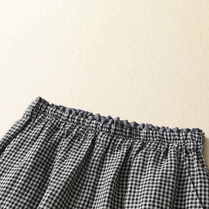 Buddha Stones通勤カジュアル チェック柄 7-8丈 レディース ワイドレッグ コットンリネン パンツ ポケット付き - image 10