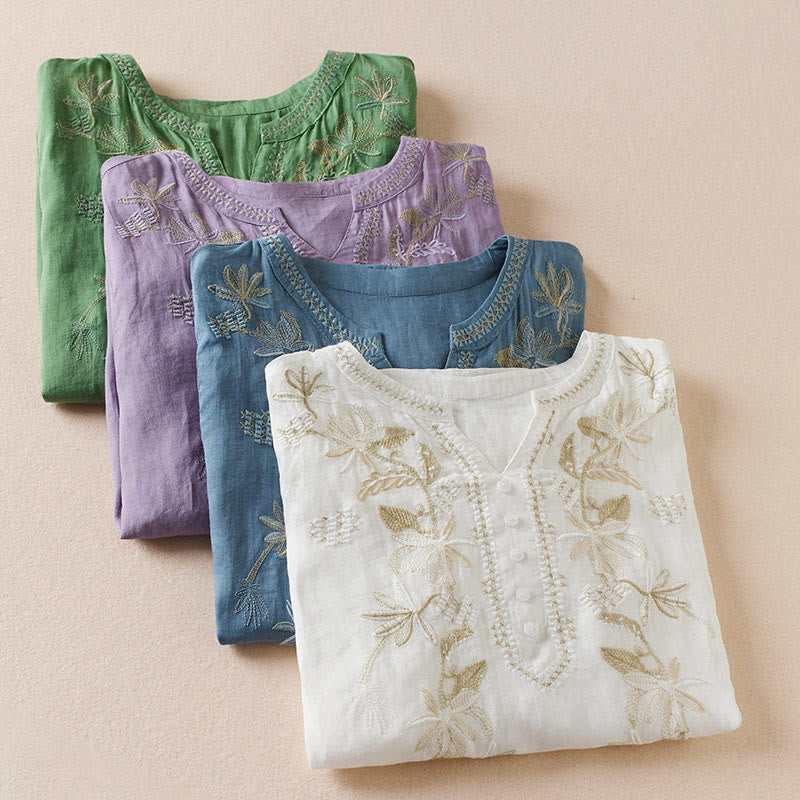 Buddha Stonesと花の葉の刺繍デザイン レディース コットンリネン 半袖シャツ