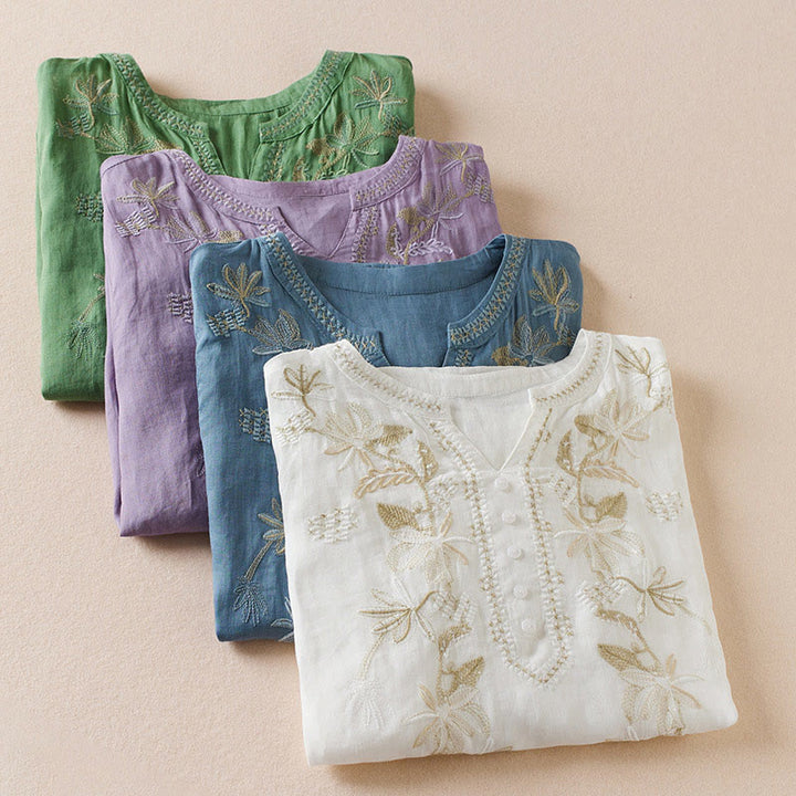 Buddha Stonesと花の葉の刺繍デザイン レディース コットンリネン 半袖シャツ