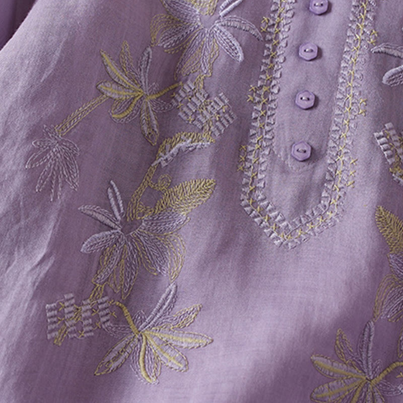 Buddha Stonesと花の葉の刺繍デザイン レディース コットンリネン 半袖シャツ